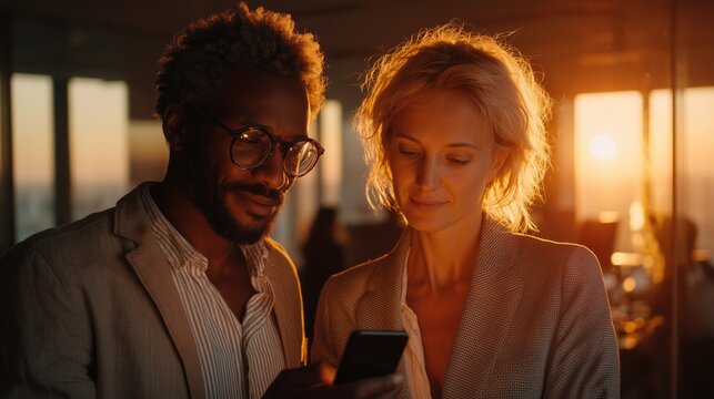 Office collaboration: Two professionals discussing work on smartphone in sunset - lit workspace, showcasing teamwork, business communication, and creative corporate synergy