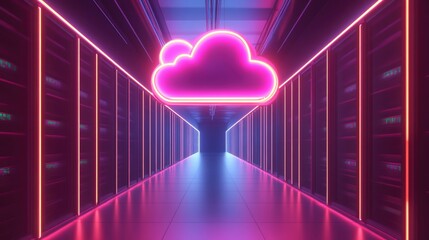 Neon cloud symbol floats above server room corridor.