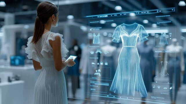 Fashion designer woman using augmented reality interface to customize a holographic dress