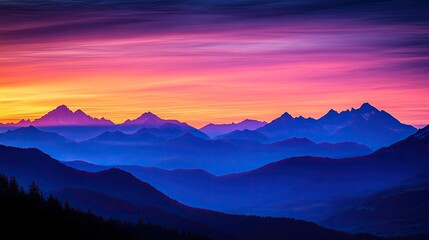 Obraz premium Majestic mountain range with stunning vibrant colors showcases an awe-inspiring sunset, creating an evocative scene of natural beauty, tranquility, and serene landscapes.