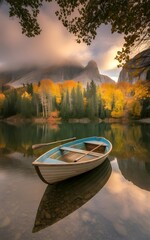 Tranquil Autumn Lake with Reflections and Boat