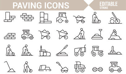 Naklejka premium Various Paving Icons Featuring Machinery, Workers, and Materials