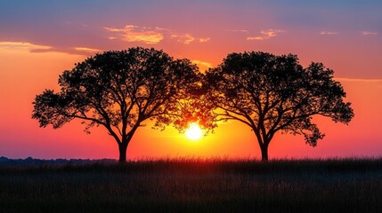 Vivid sunset casts stunning silhouettes of trees in a tranquil field, presenting a picturesque landscape with warm colors and a serene, natural atmosphere at dusk.