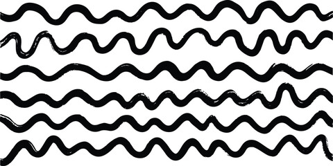 Horizontal wavy lines are arranged in a parallel pattern, wavy black and white seamless pattern with waves in a row on white background.