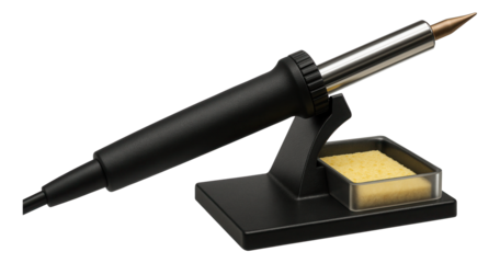 Soldering iron with a stand and sponge holder, keeping the tool organized and ready for use on a home office desk.
