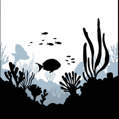 Naklejka premium Ocean wildlife silhouette with coral reef and various fish. Shark Awareness Day image shows diverse marine life swimming near coral.