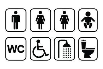 Collection of restroom and facility icons including men women baby disabled shower and toilet isolated on white background