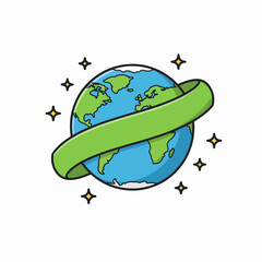 Protect our planet earth. Save earth campaign with green ribbon around globe. Earth day concept image for environmental awareness promotion.