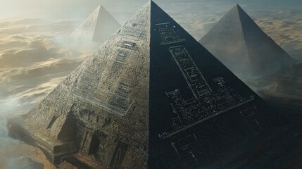 Obraz premium Pyramids of Contrasts: A striking view of ancient pyramids split down the middle, showcasing the interplay of light and shadow. The detail reveals the grandeur of these structures.