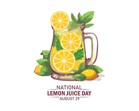National Lemon Juice Day vector illustration. Glass of lemonade with lemons and mint leaf icon. Glass with fresh ice summer drink vector. August 29 every year.