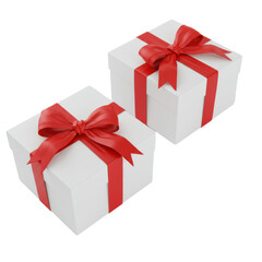 Obraz premium Two square white matte gift boxes with vibrant red satin bows, one straight, one tilted, arranged on a transparent isolated background with no shadows, perfect top-down view, studio lighting,
