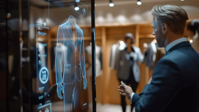 Modern man customizing digital clothing, interacting with high tech interface in sleek retail space