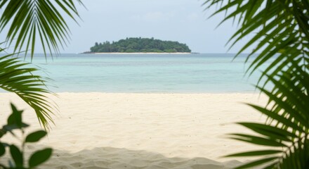 Fototapeta premium Relaxing on Tropical Beach with Island View Through Palm Trees