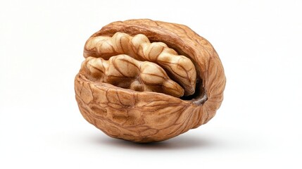 Captivating closeup showcases the intricate textures of a shelled walnut against a clean white backdrop, emphasizing its natural beauty and nutritional value, a true delight for food enthusiasts.