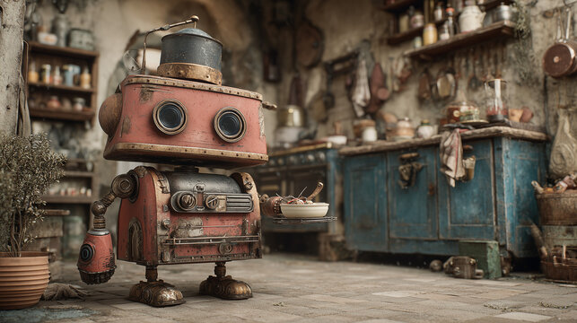 A mini robot is surving the food in the kitchen.