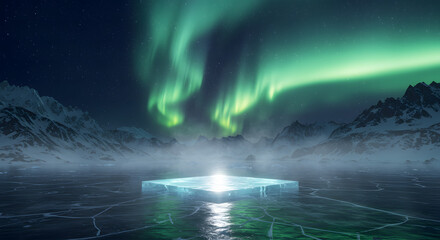 Naklejka premium Mystical Aurora Borealis Illuminating Frozen Lake and Ice Platform