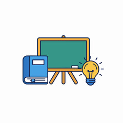 Image creation of education and learning with green chalkboard, book, and lamp. Image creation shows studying items including a chalkboard, textbook, and lightbulb.