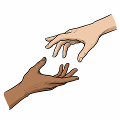 Reaching hands in illustration style conveys connection. Two reaching hands, one with a light skin tone and one with a dark skin tone, extend toward each other, symbolizing unity and support.