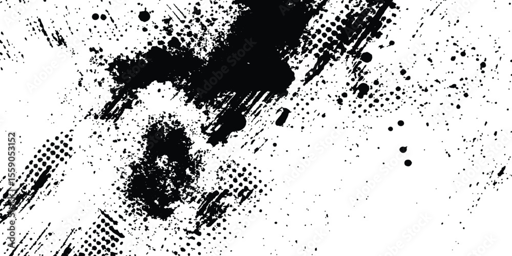 Poster Abstract halftone background featuring a mix of black and white halftone dots and brush strokes. Vector black ink splatter brush stroke on diagonal halftone background.