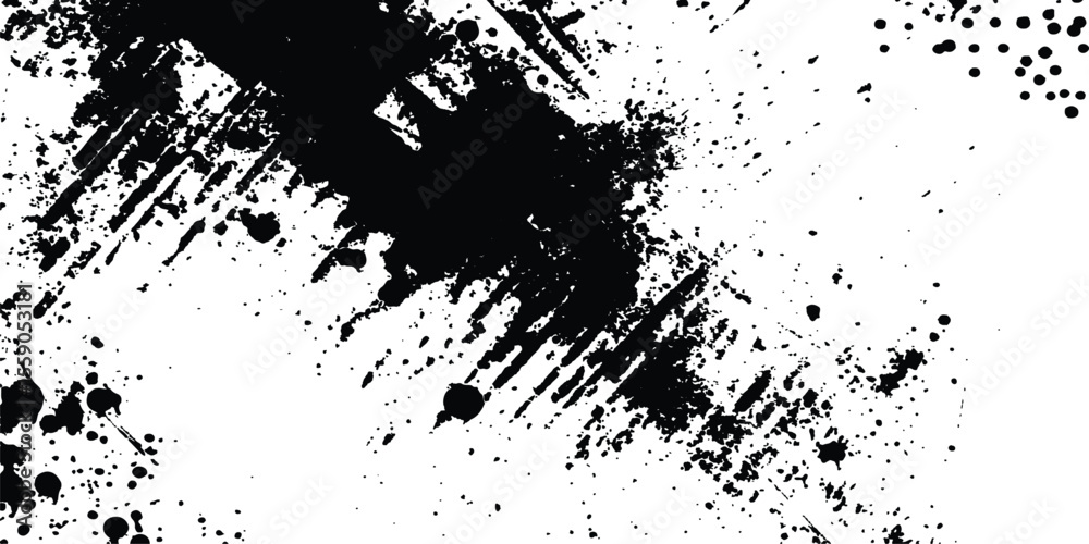Poster Abstract halftone background featuring a mix of black and white halftone dots and brush strokes. Vector black ink splatter brush stroke on diagonal halftone background.