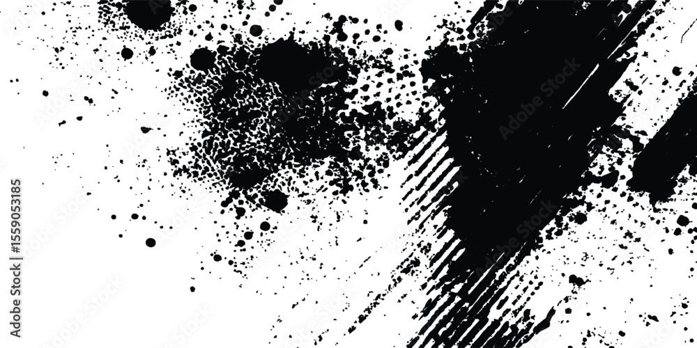 Poster Abstract halftone background featuring a mix of black and white halftone dots and brush strokes. Vector black ink splatter brush stroke on diagonal halftone background.