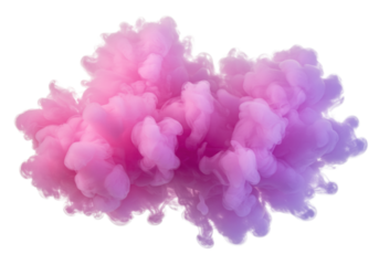 Volumetric ethereal smoke with soft pink and purple gradients, fluffy texture and luminous white highlights, suspended gracefully against a transparent background with copy space, soft high-angle