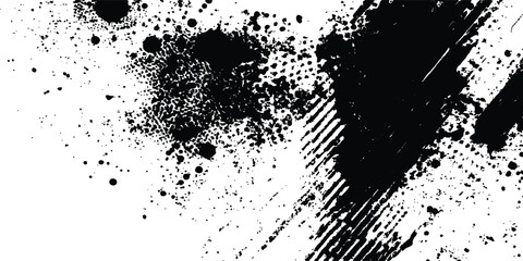Abstract halftone background featuring a mix of black and white halftone dots and brush strokes. Vector black ink splatter brush stroke on diagonal halftone background.