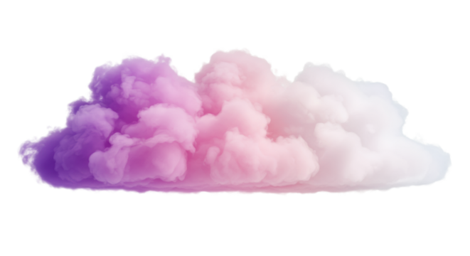 A voluminous, ethereal smoke cloud with a smooth purple to pink to white gradient, featuring clear contours, isolated against a transparent background with copy space, showcasing serene beauty and