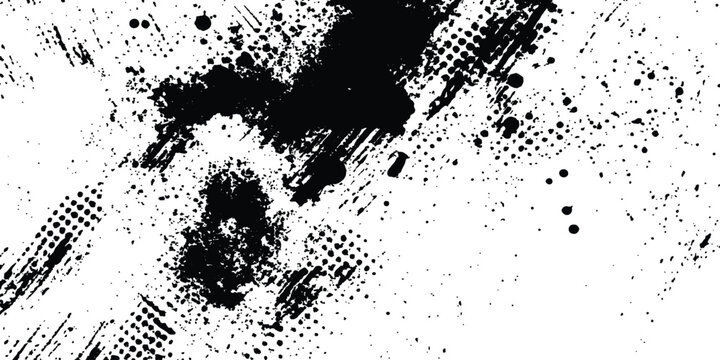 Abstract halftone background featuring a mix of black and white halftone dots and brush strokes. Vector black ink splatter brush stroke on diagonal halftone background.