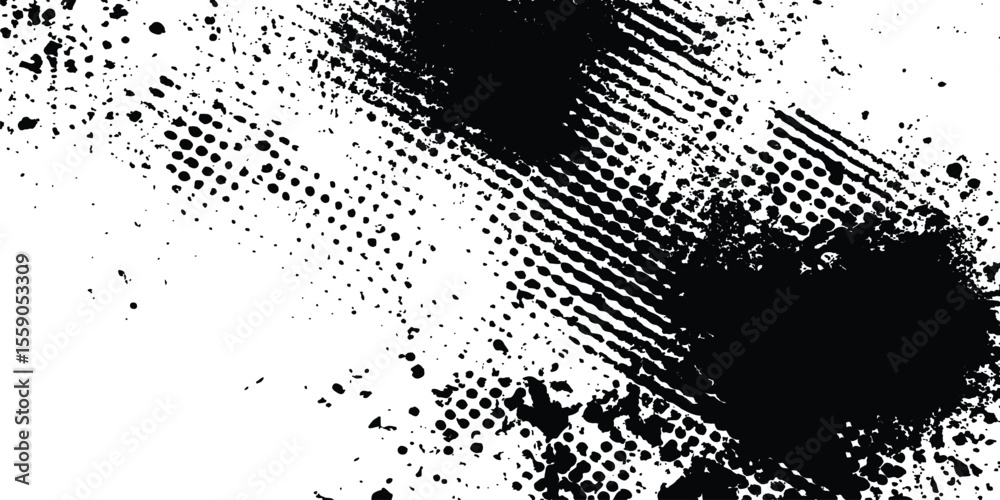 Poster Abstract halftone background featuring a mix of black and white halftone dots and brush strokes. Vector black ink splatter brush stroke on diagonal halftone background.