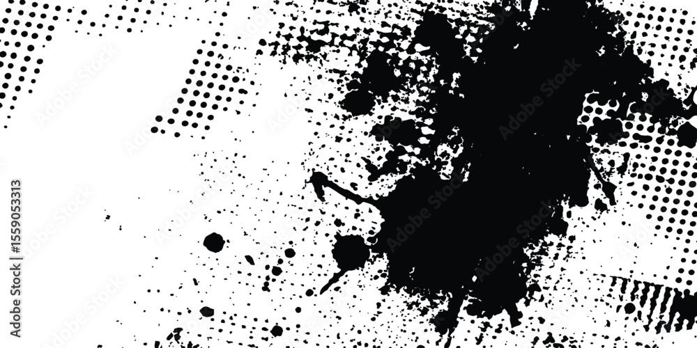 Poster Abstract halftone background featuring a mix of black and white halftone dots and brush strokes. Vector black ink splatter brush stroke on diagonal halftone background.