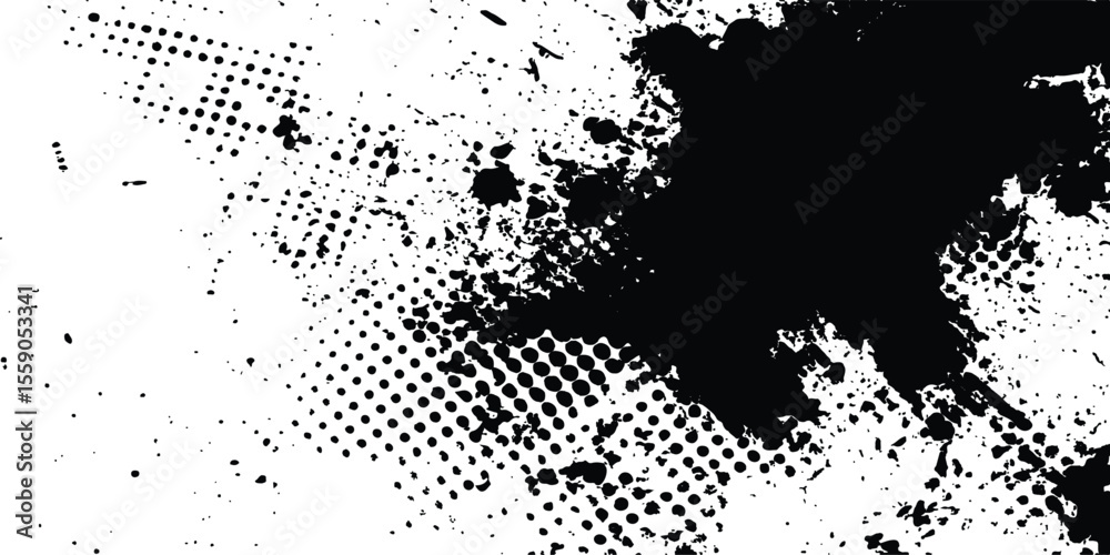 Poster abstract halftone background featuring a mix of black and white halftone dots and brush strokes. vec