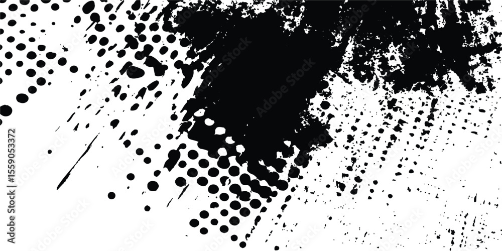 Poster Abstract halftone background featuring a mix of black and white halftone dots and brush strokes. Vector black ink splatter brush stroke on diagonal halftone background.