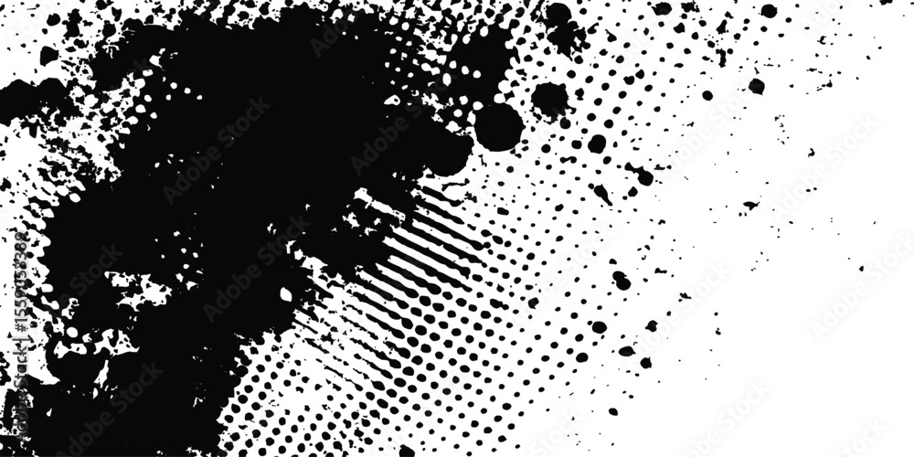 Aufkleber Abstract halftone background featuring a mix of black and white halftone dots and brush strokes. Vector black ink splatter brush stroke on diagonal halftone background.