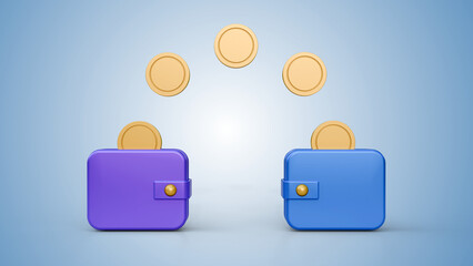 Cashback in two wallet concept with coins on a soft blue background. Flying golden coin exchange between two wallets. Finance transfer exchange online payment investment illustration.