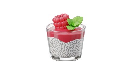 A Delicious Raspberry Chia Seed Pudding Displayed In A Glass With Fresh Mint Garnish Against Black