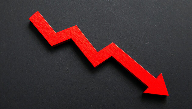 Red wooden arrow pointing down on black background. Business, market decline or economic concept.