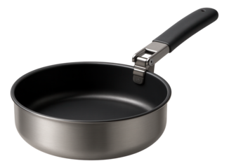 A lightweight saute pan with a collapsible handle for easy storage in a tiny home