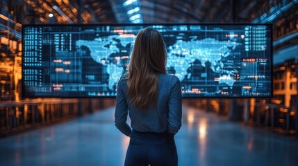 Woman faces a large screen displaying a world map and data streams, a visualization of global business, technology, or international relations in a modern, high-tech environment.