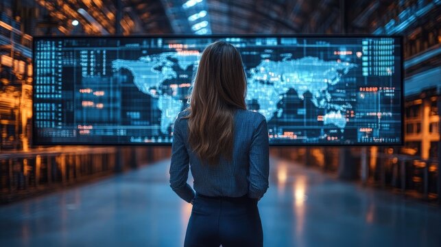 Woman faces a large screen displaying a world map and data streams, a visualization of global business, technology, or international relations in a modern, high-tech environment.