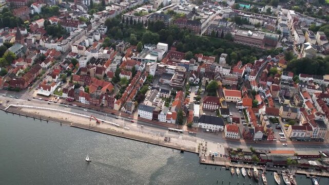 Aerial view of the old town of the city Flensburg in Germany on an overcast day in afternoon