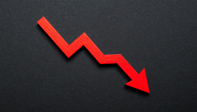 Red wooden arrow pointing down on black background. Business, market decline or economic concept.