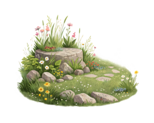 Peaceful Idyllic Garden Scene with Stone Path and Wildflowers on transparent background.