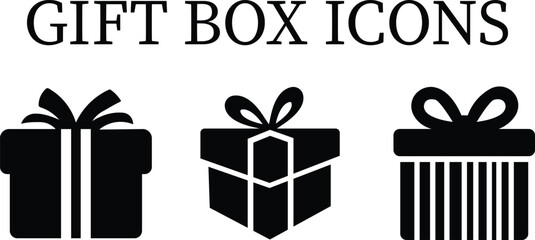 Gift Box Icon Set – Black Silhouette Present Symbols with Bows for Celebration and Holiday Design.