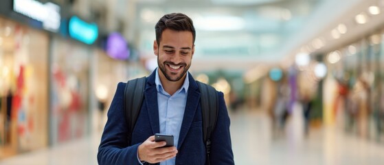 The smiling man using a smartphone in a modern shopping mall environment.