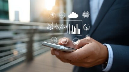 Businessman holding smartphone managing business and financial data analysis via holographic augmented reality display