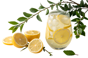 A glass of limoncello with lemons and leaves PNG Image