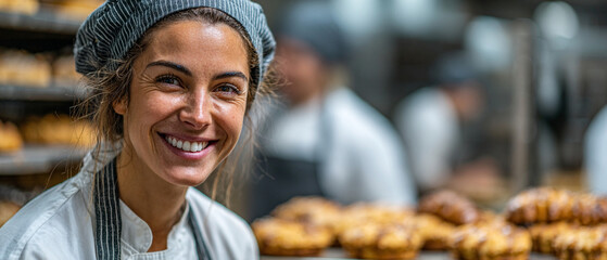 Portrait of a smiling woman baker wearing a hat and apron in a bakery with baked goods visible