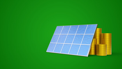 Solar panel ahead of stacks of gold coins on a green background with copy space. Economic benefits of renewable energy. Solar panel and coins. Concept of saving money and clean energy.