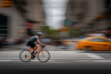 dynamic portrait of cyclist on bright bicycle joyfully riding through bustling cityscape